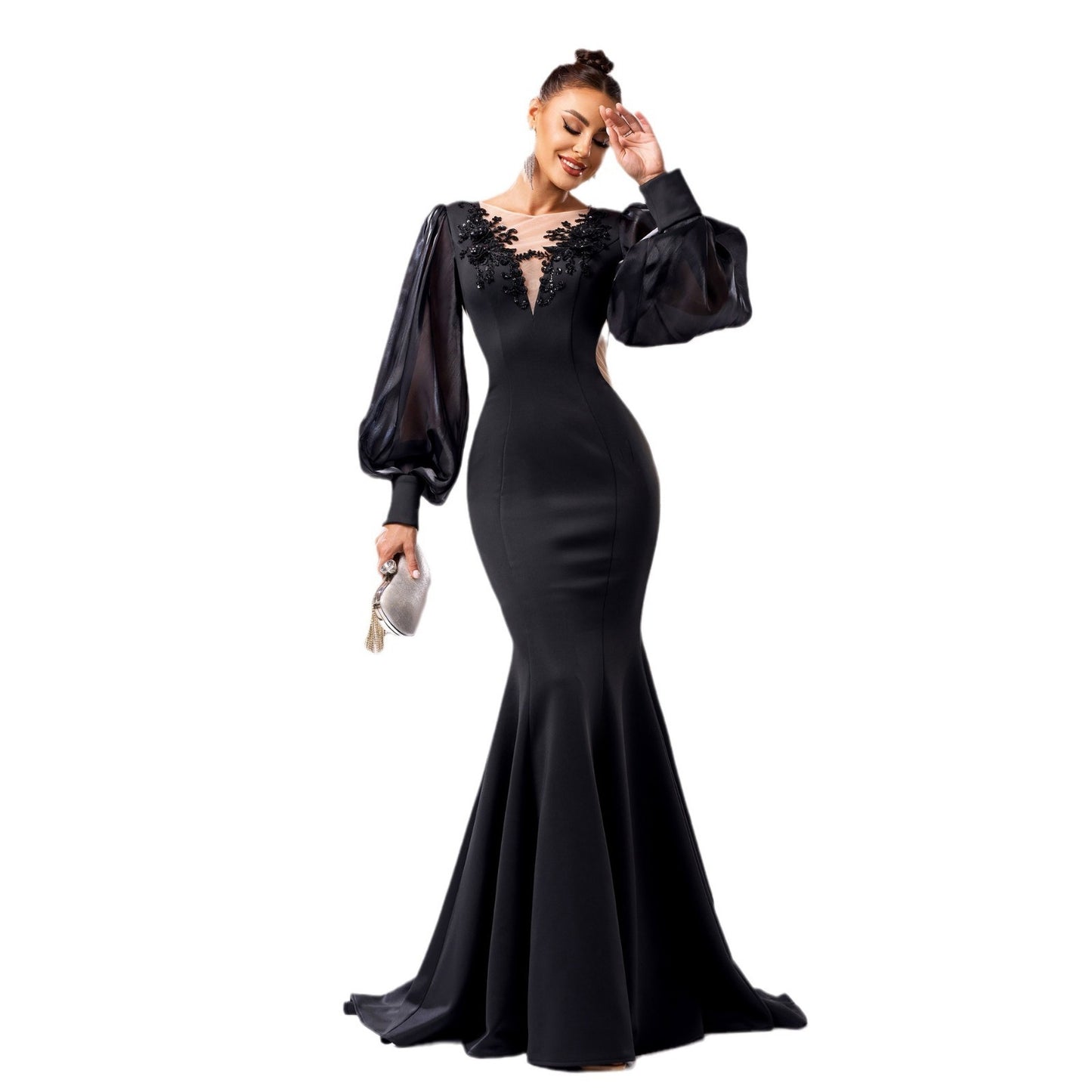 Elegant Black Long Sleeve High Waist Dress with Sequins - Vogue Aura