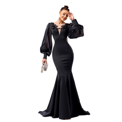 Elegant Black Long Sleeve High Waist Dress with Sequins