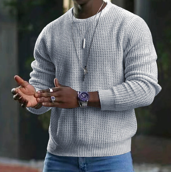 Men's Solid Color Waffle Autumn Long Sleeve Round Neck Base Sweater - Vogue Aura