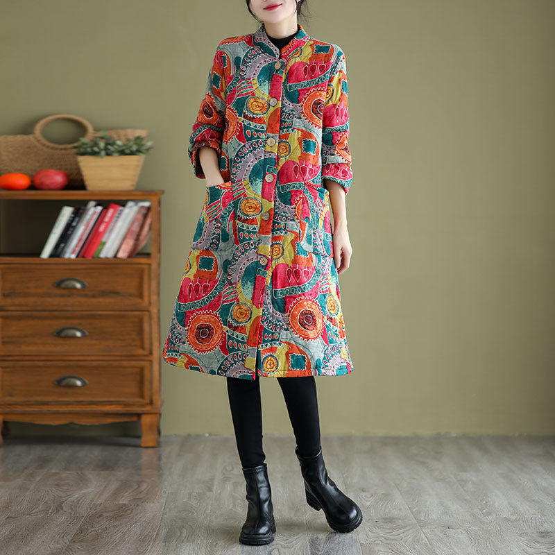 Elegant Retro Printed Cotton-Padded Coat with Stand Collar