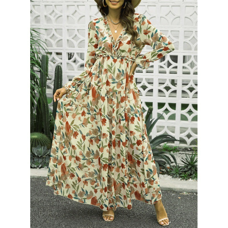 Floral Long Sleeve A-Line Dress - Vogue Aura