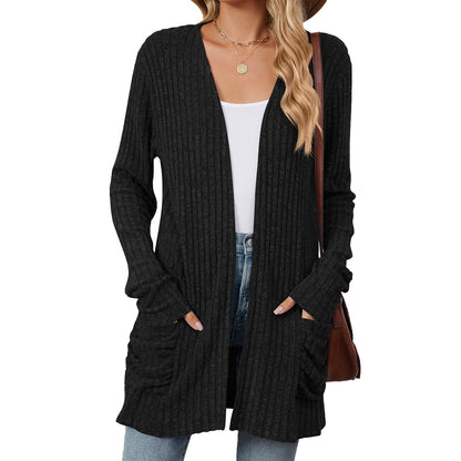 Essential Long Sleeve Pocket Cardigan in Solid Colours - Vogue Aura