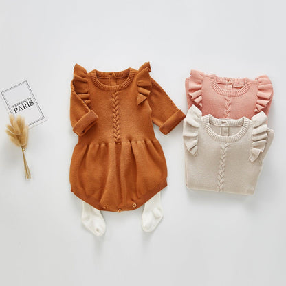 Adorable Cotton Knitted Baby One-Piece with Charming Flying Sleeves - Vogue Aura