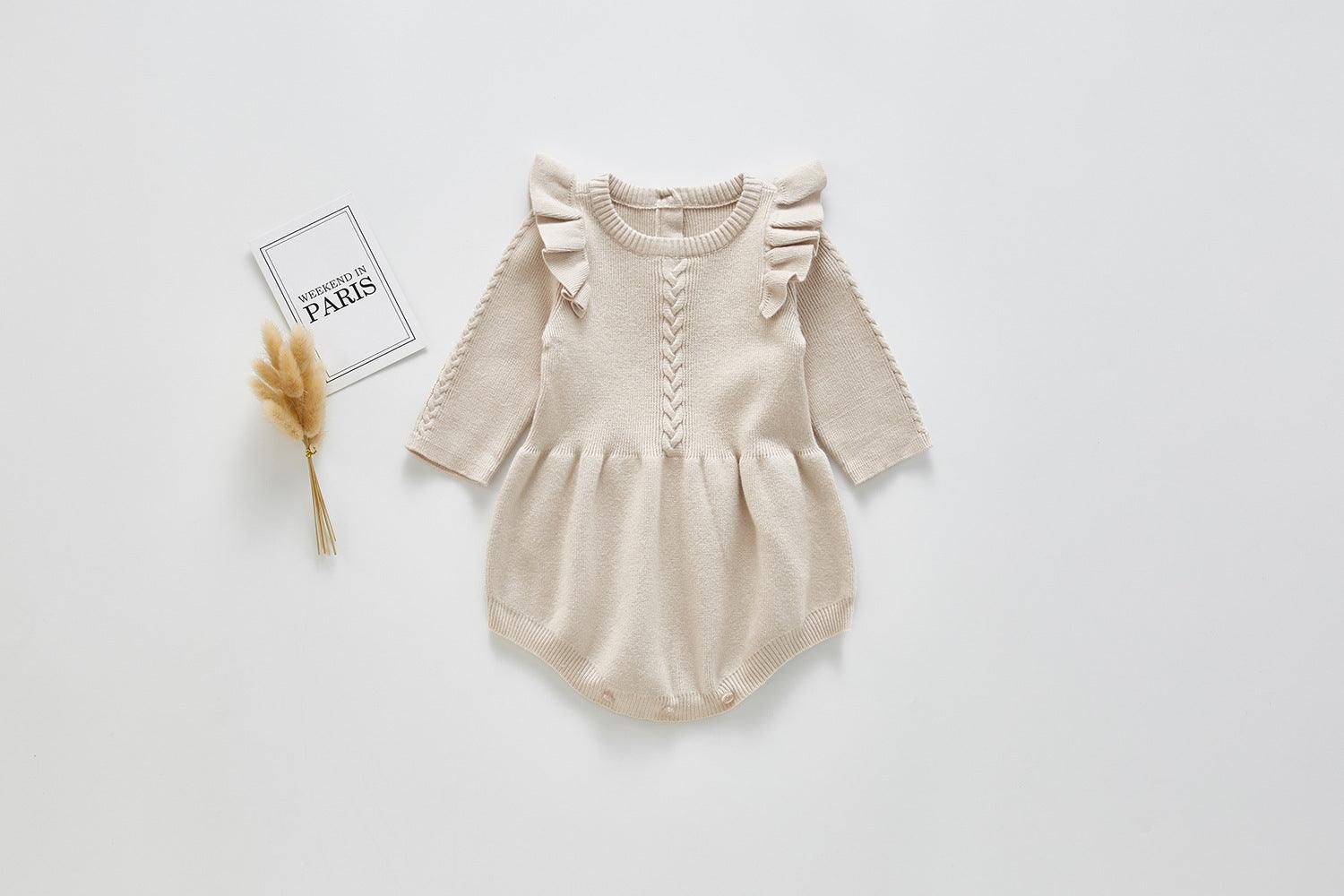 Adorable Cotton Knitted Baby One-Piece with Charming Flying Sleeves - Vogue Aura