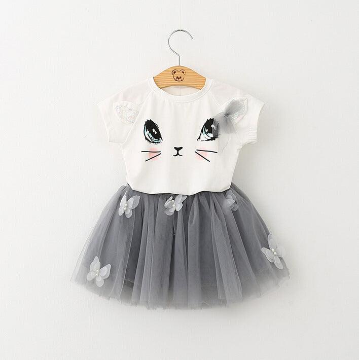 Adorable Girls' Cat-Themed Short Sleeve T-Shirt and Butterfly Beaded Skirt Set - Vogue Aura