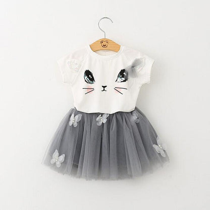 Adorable Girls' Cat-Themed Short Sleeve T-Shirt and Butterfly Beaded Skirt Set - Vogue Aura