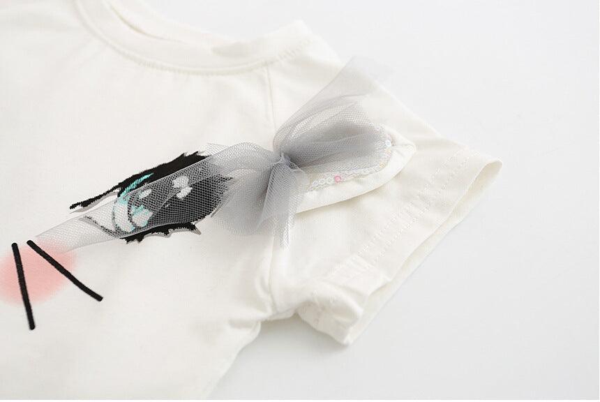 Adorable Girls' Cat-Themed Short Sleeve T-Shirt and Butterfly Beaded Skirt Set - Vogue Aura