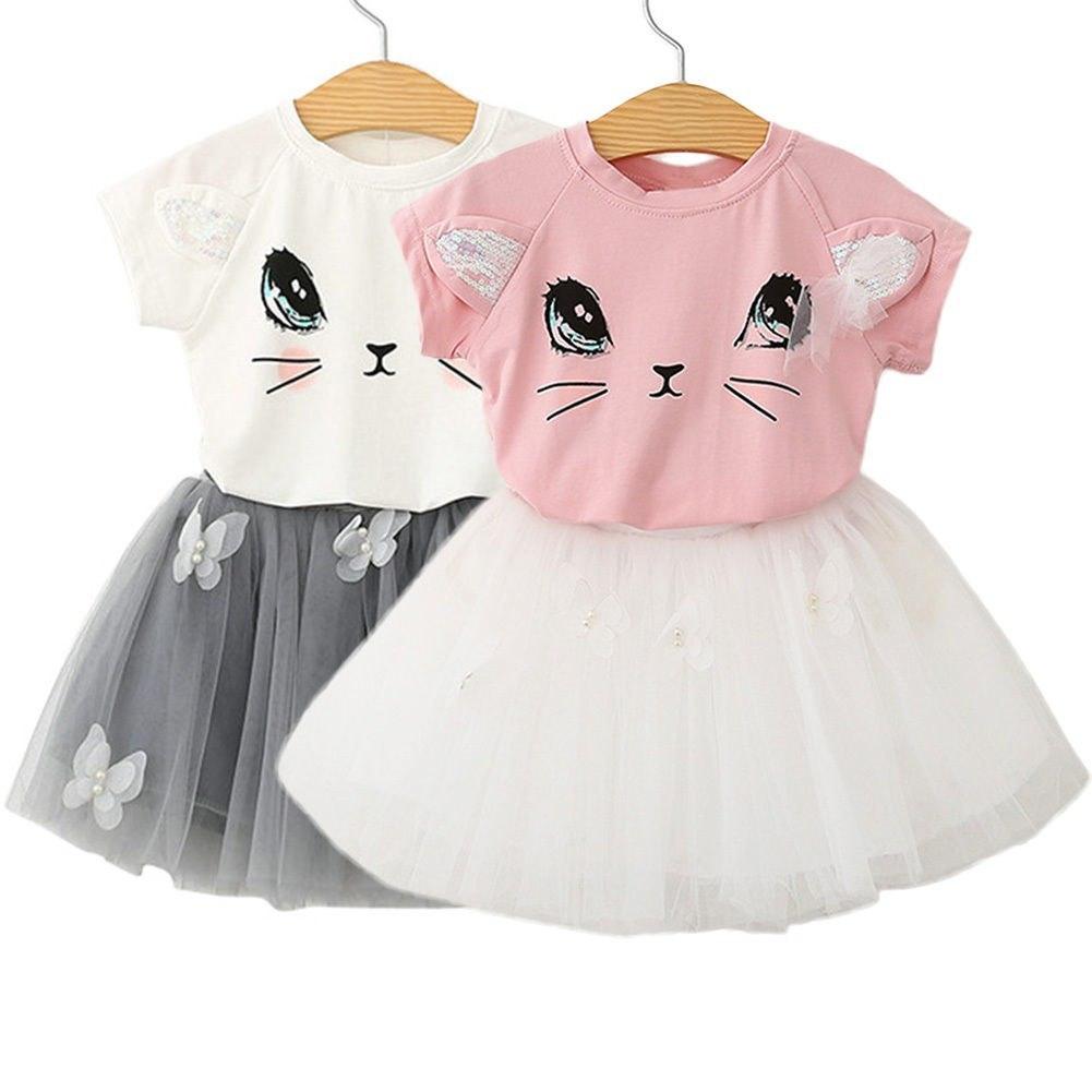 Adorable Girls' Cat-Themed Short Sleeve T-Shirt and Butterfly Beaded Skirt Set - Vogue Aura