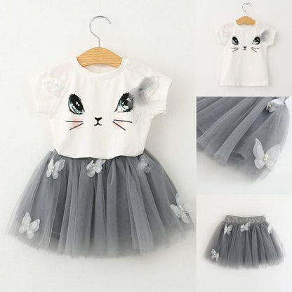 Adorable Girls' Cat-Themed Short Sleeve T-Shirt and Butterfly Beaded Skirt Set - Vogue Aura