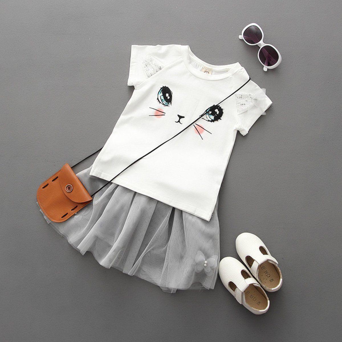 Adorable Girls' Cat-Themed Short Sleeve T-Shirt and Butterfly Beaded Skirt Set - Vogue Aura