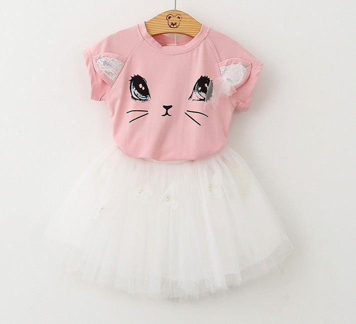 Adorable Girls' Cat-Themed Short Sleeve T-Shirt and Butterfly Beaded Skirt Set - Vogue Aura