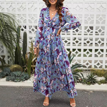 Floral Long Sleeve A-Line Dress - Vogue Aura