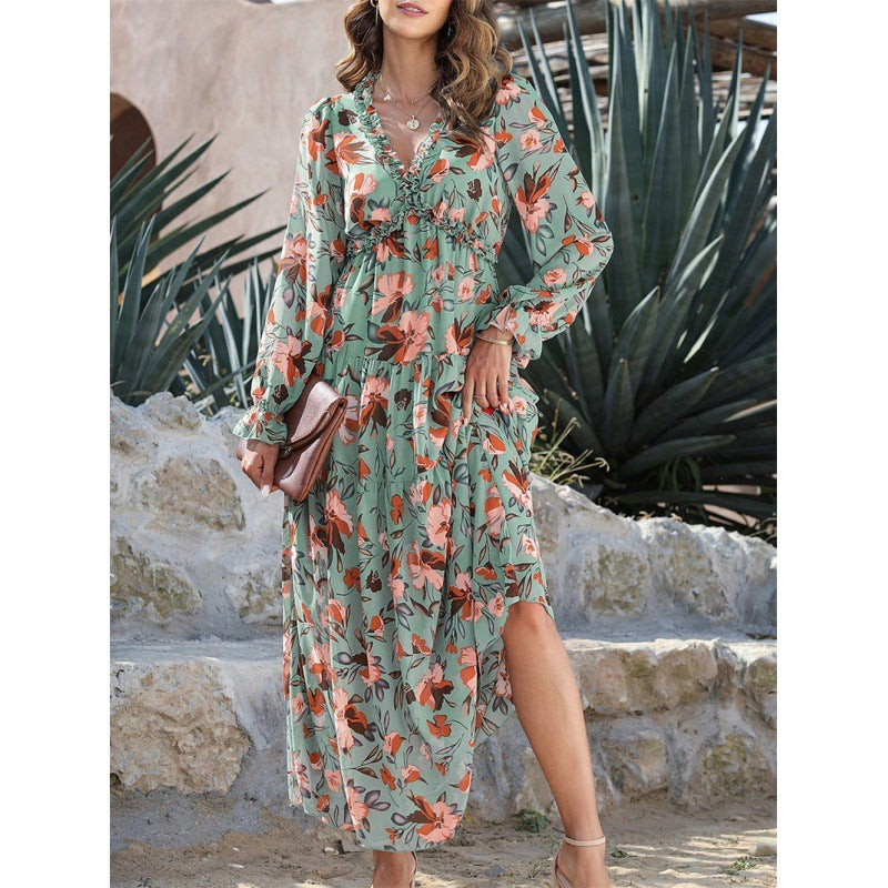 Floral Long Sleeve A-Line Dress - Vogue Aura