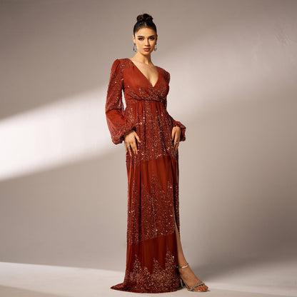 Elegant Long Sleeve Sequined Evening Dress - Vogue Aura