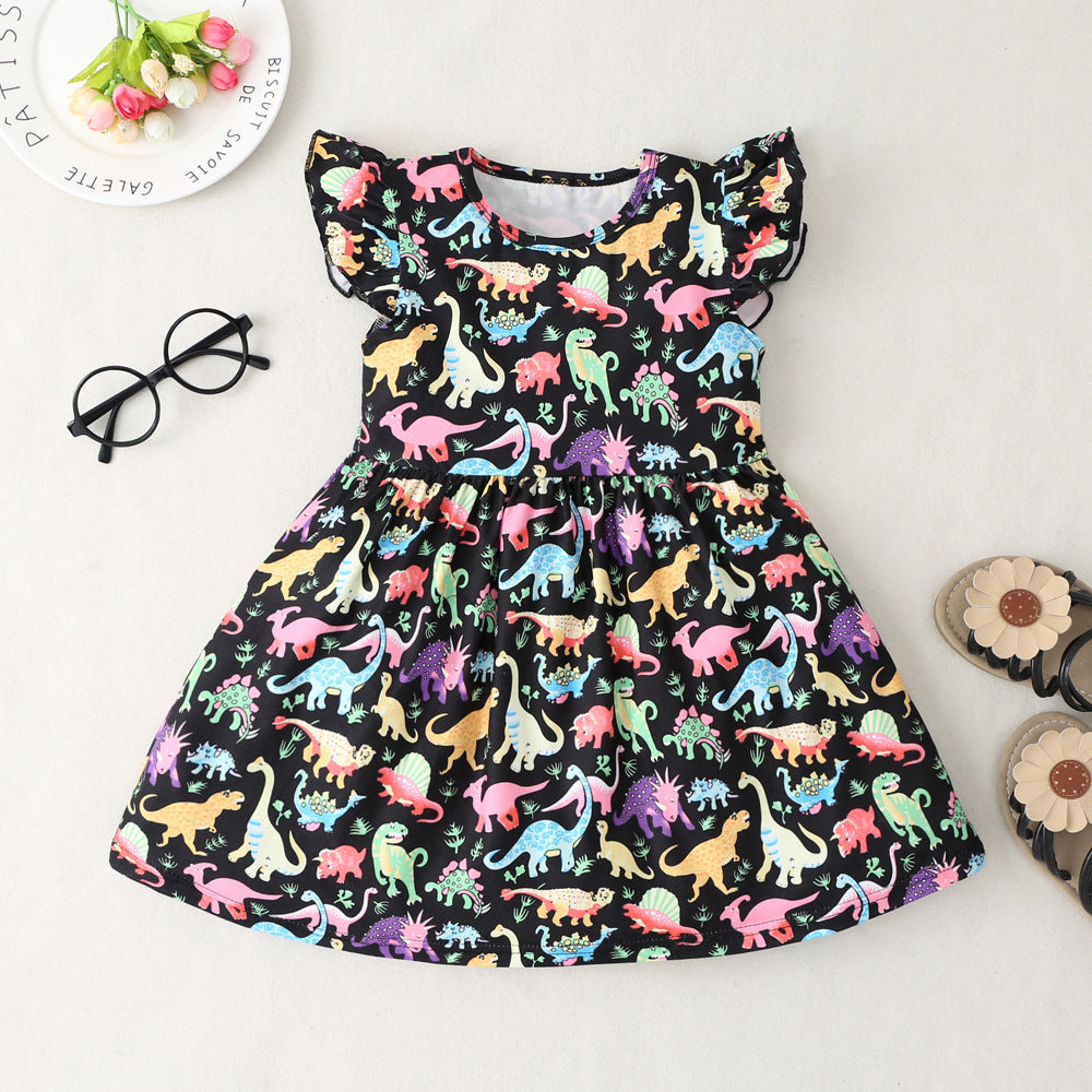 Girls' Cotton Flounced Sleeve Colorful Dinosaur Dress - Vogue Aura