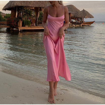 Elegant Pink Satin Slip Maxi Dress