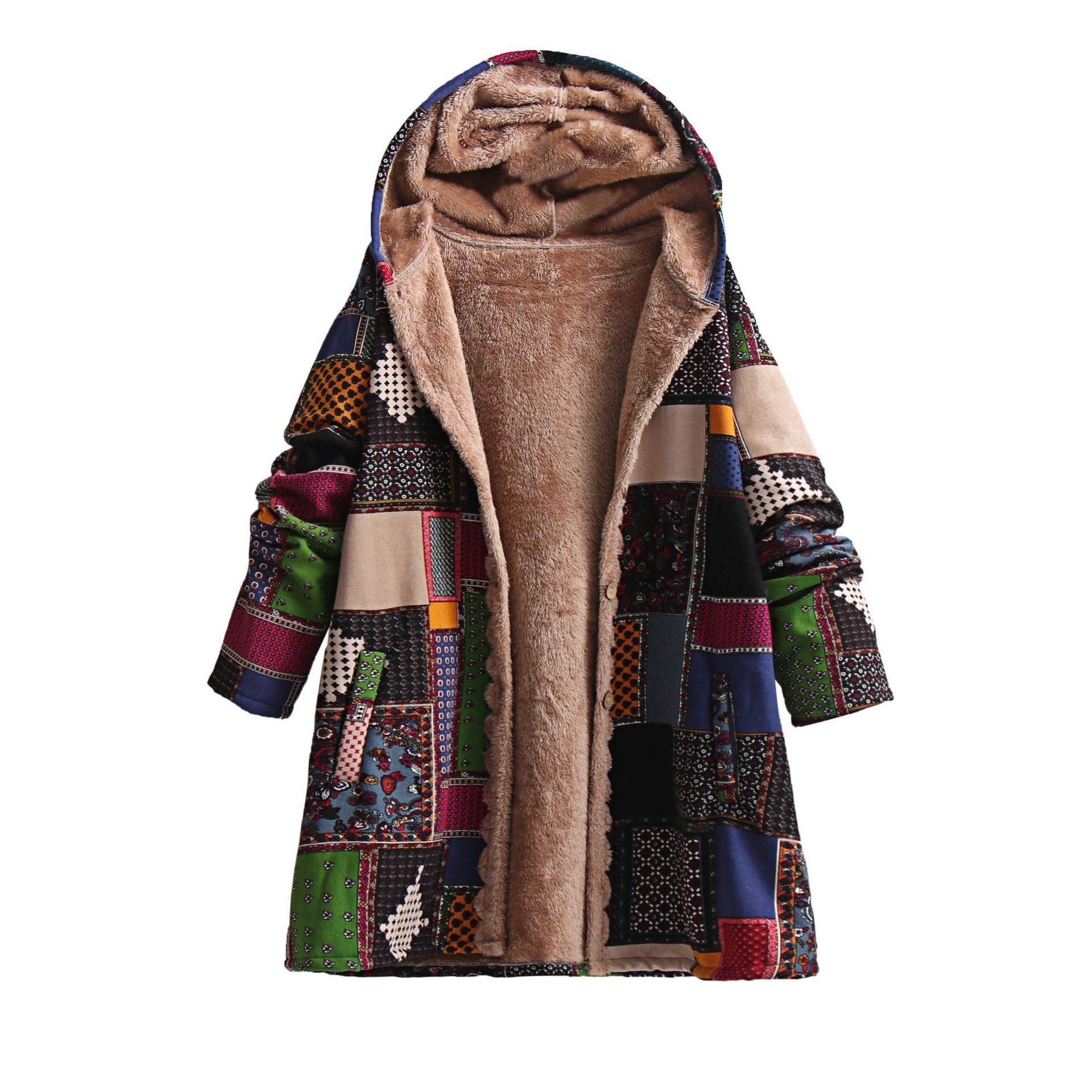 Ethnic Style Hooded Cotton-Padded Jacket in Red and Green - Vogue Aura