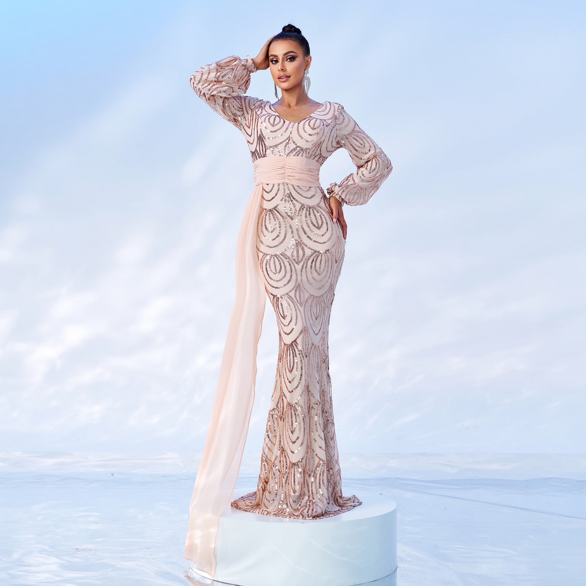 Elegantly Sequined Long Sleeve Evening Dress - Vogue Aura