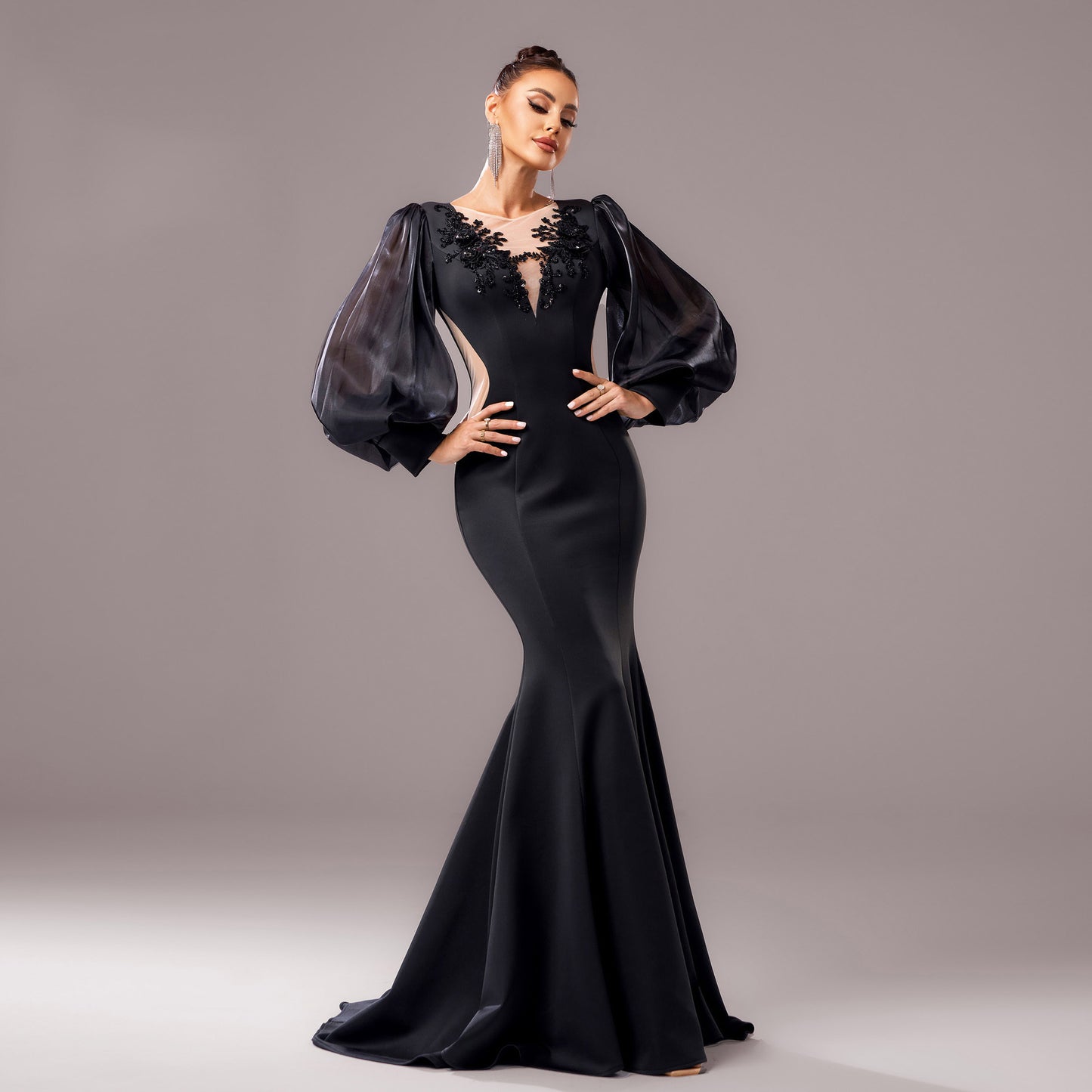 Elegant Black Long Sleeve High Waist Dress with Sequins - Vogue Aura