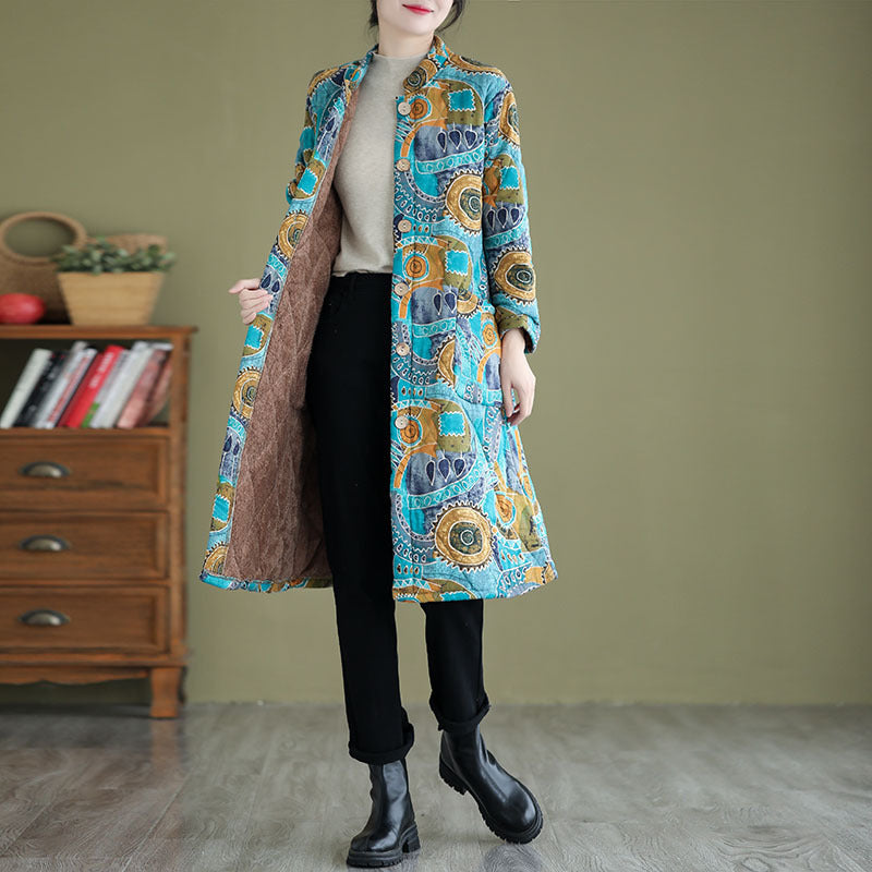 Elegant Retro Printed Cotton-Padded Coat with Stand Collar