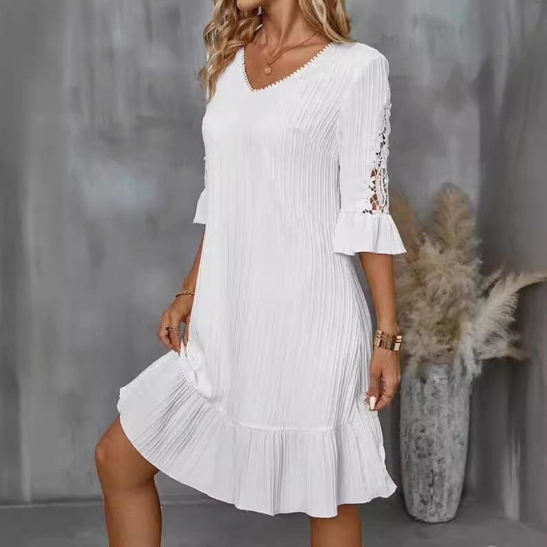 Elegant Lace-Trimmed White Midi Dress with Flared Sleeves - Vogue Aura