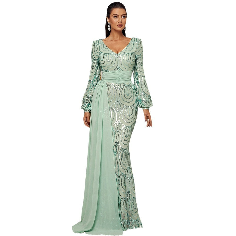 Elegantly Sequined Long Sleeve Evening Dress - Vogue Aura