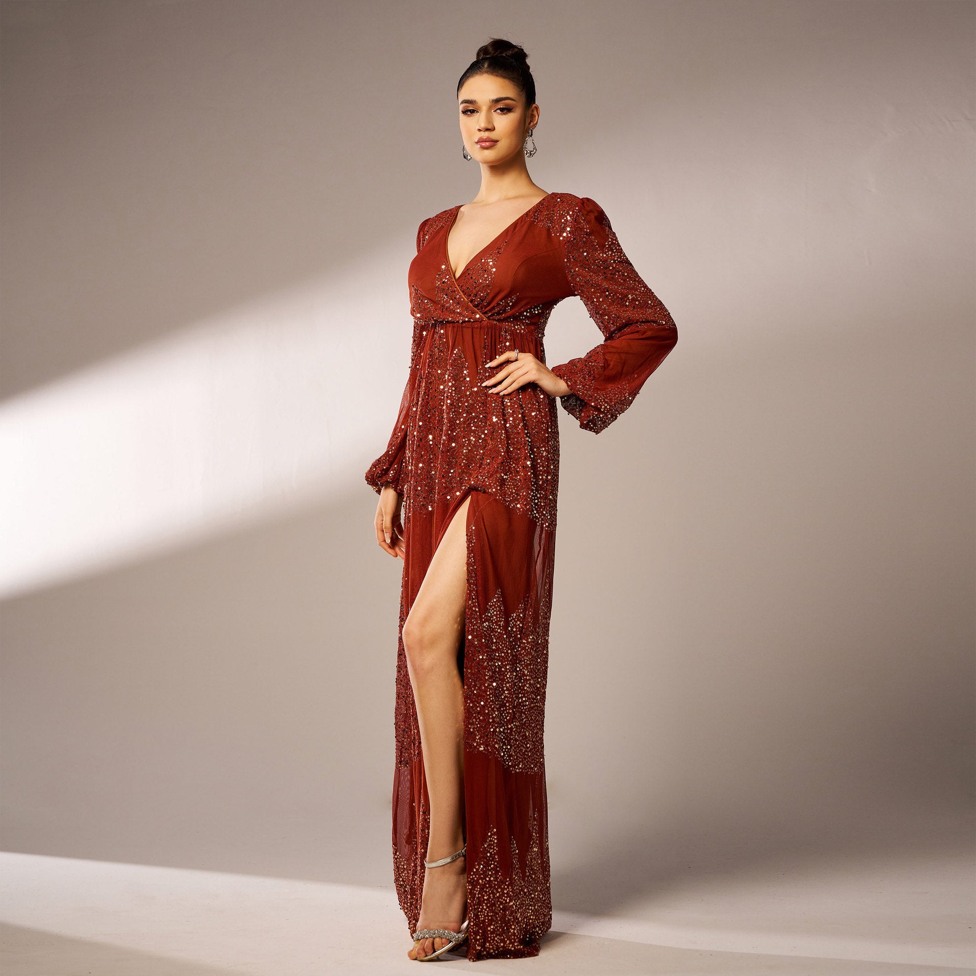 Elegant Long Sleeve Sequined Evening Dress - Vogue Aura