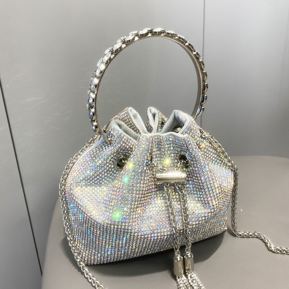 Elegant Metallic Cylinder Handbag with Shimmering Diamonds for Women - Vogue Aura