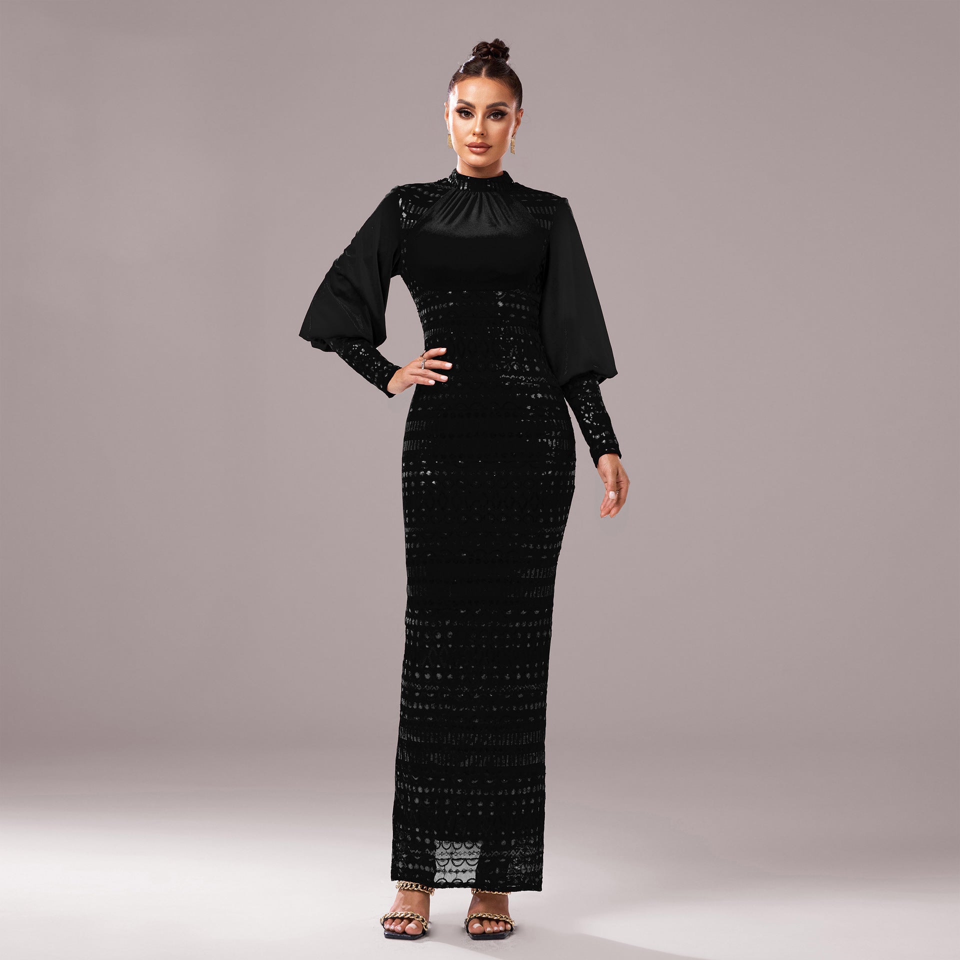 Elegant Long Sleeve Black Evening Dress - Vogue Aura