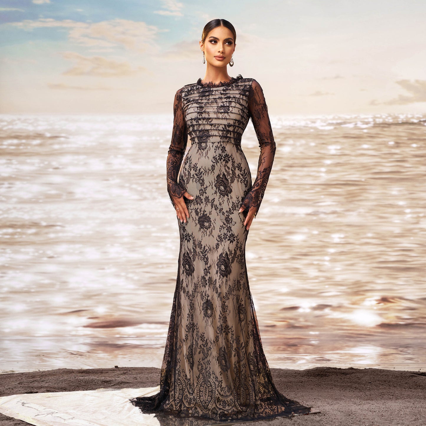 Classic Black Long Sleeve Sequinned Evening Dress - Vogue Aura