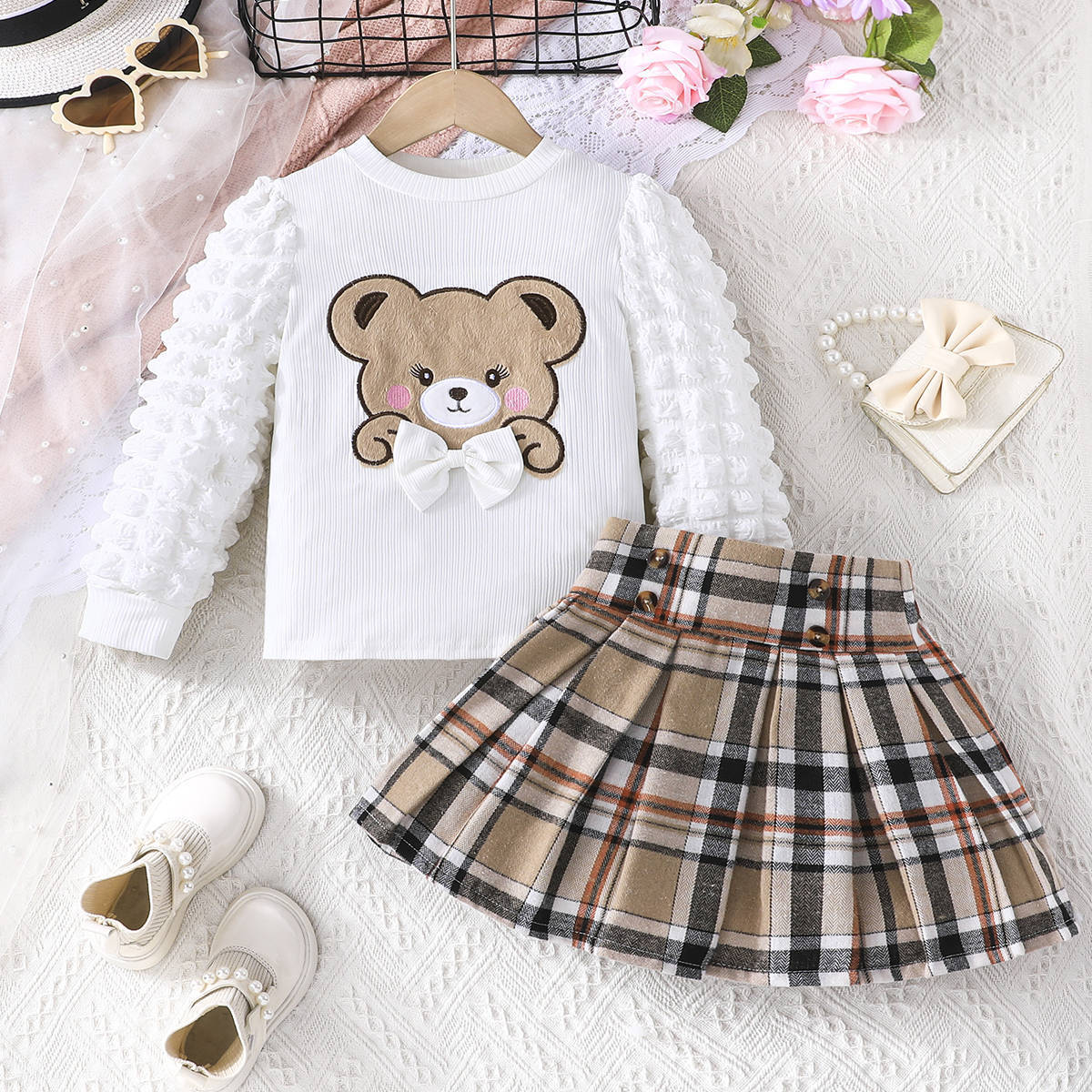 Autumn Bear Top Plaid Skirt - Vogue Aura