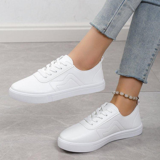 Casual Comfort Lace-Up White Sneakers with Round Toe Design - Vogue Aura