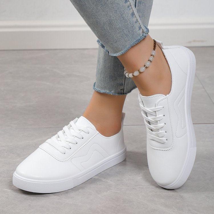 Elegant Casual Lace-Up White Sneakers with Round Toe Design - Vogue Aura