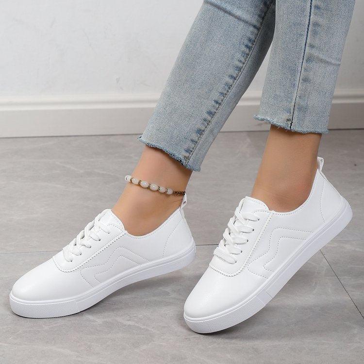 Elegant Casual Lace-Up White Sneakers with Round Toe Design - Vogue Aura