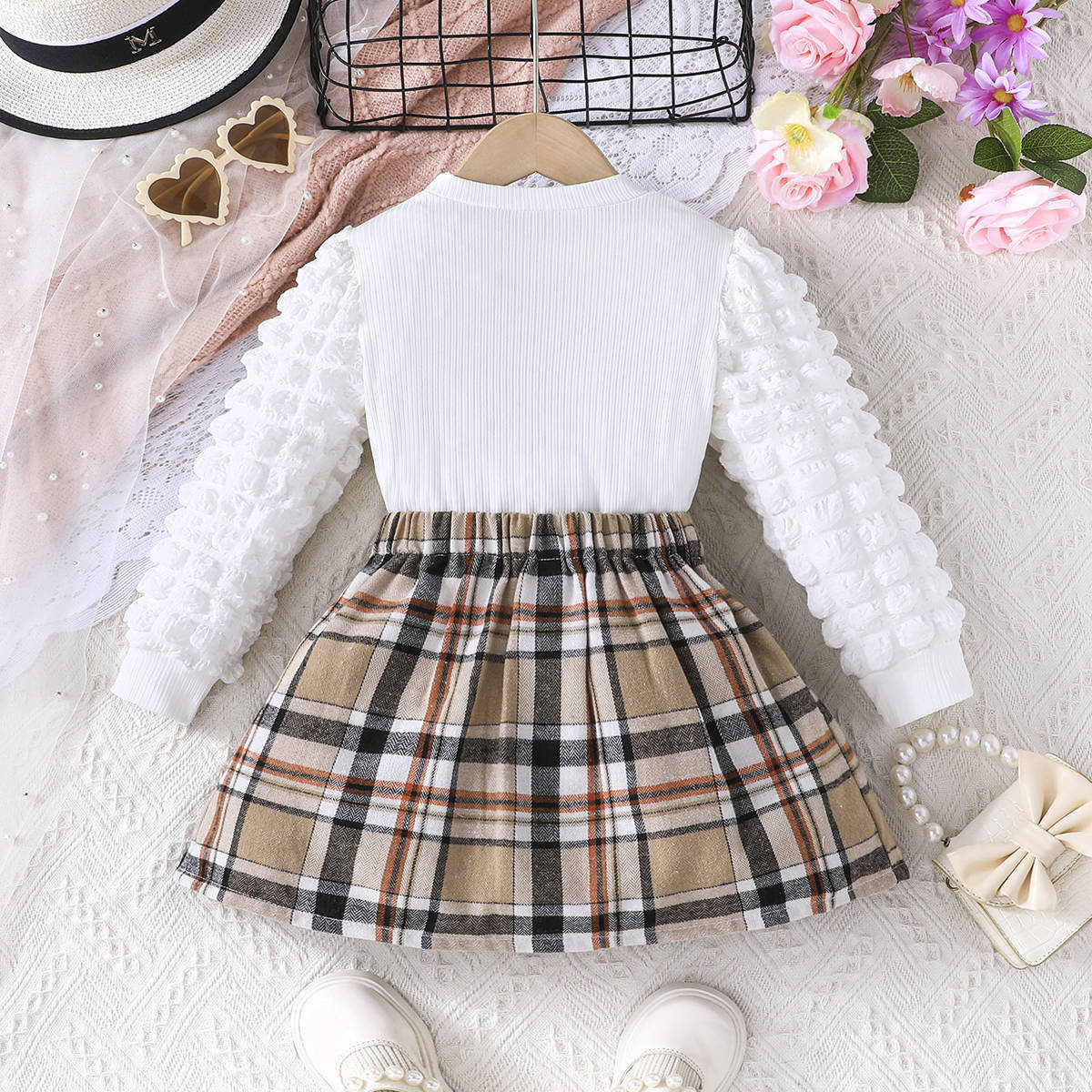 Autumn Bear Top Plaid Skirt - Vogue Aura