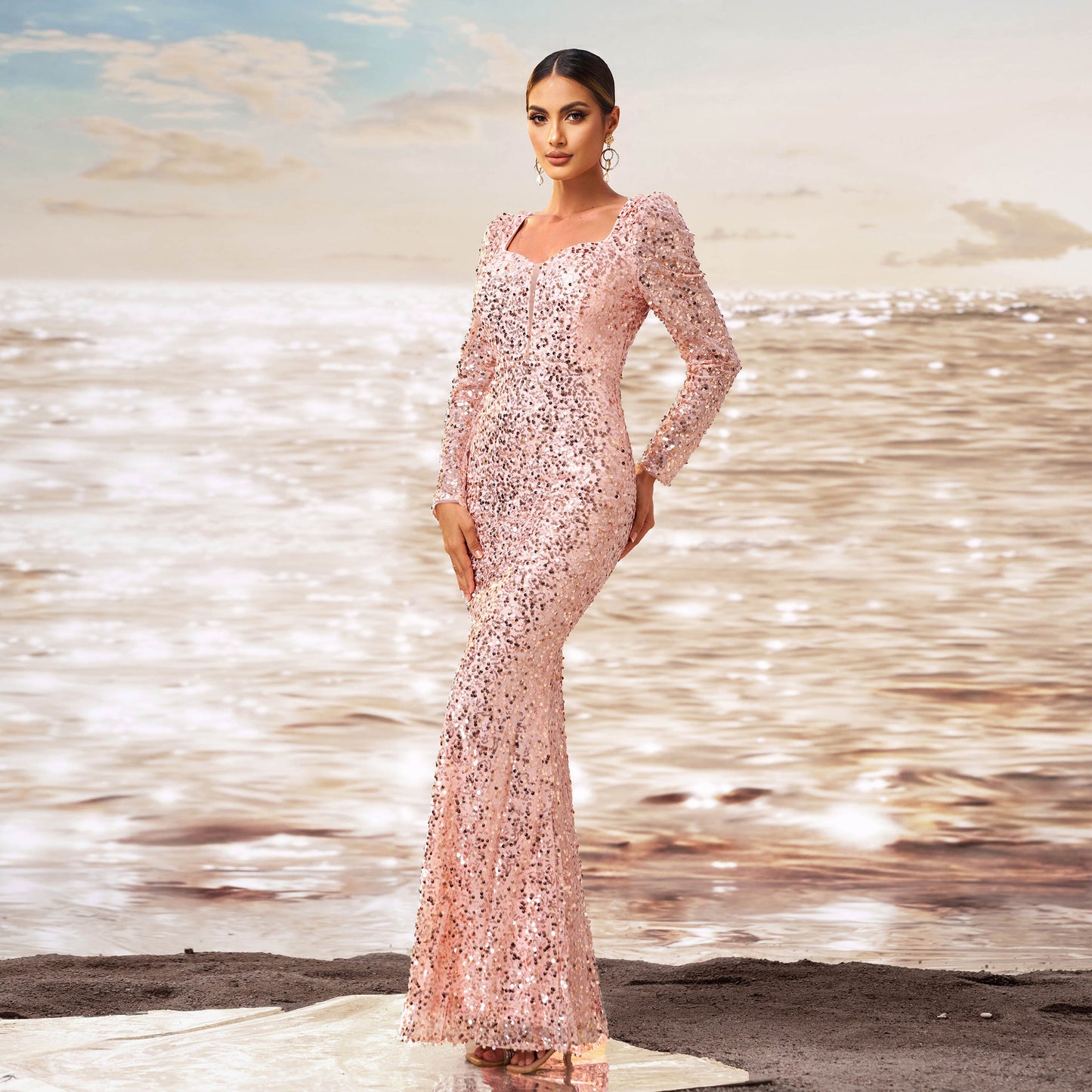 Rose Gold Long Sleeve Square-neck Elegant Evening Dress - Vogue Aura