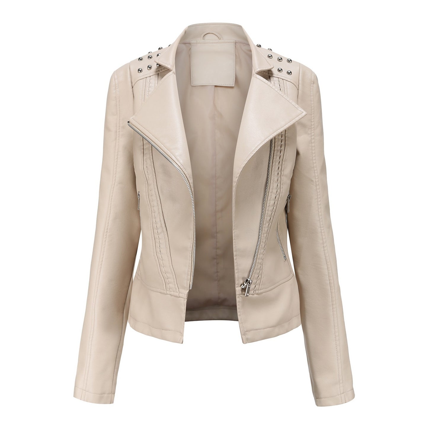 Beaded Leather Women's Long-sleeved Fashion Jacket Lapel Motorcycle Clothing Thin Women's Jacket - Vogue Aura