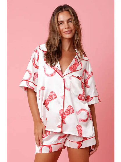 Satin Printed Two-Piece Pajama Set for Women