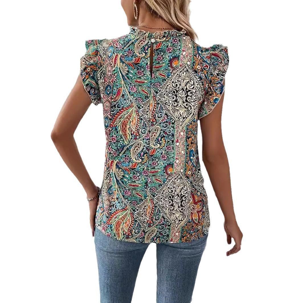 Charming Floral Ruffled Short Sleeve Cotton Blend Top - Vogue Aura