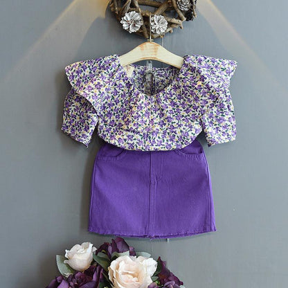 Charming Korean Floral Dress Set for Little Girls with Lotus Leaf Collar - Vogue Aura