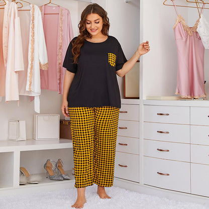 Chic Black and Yellow Plaid Short-Sleeved Pajama Set for Women - Vogue Aura