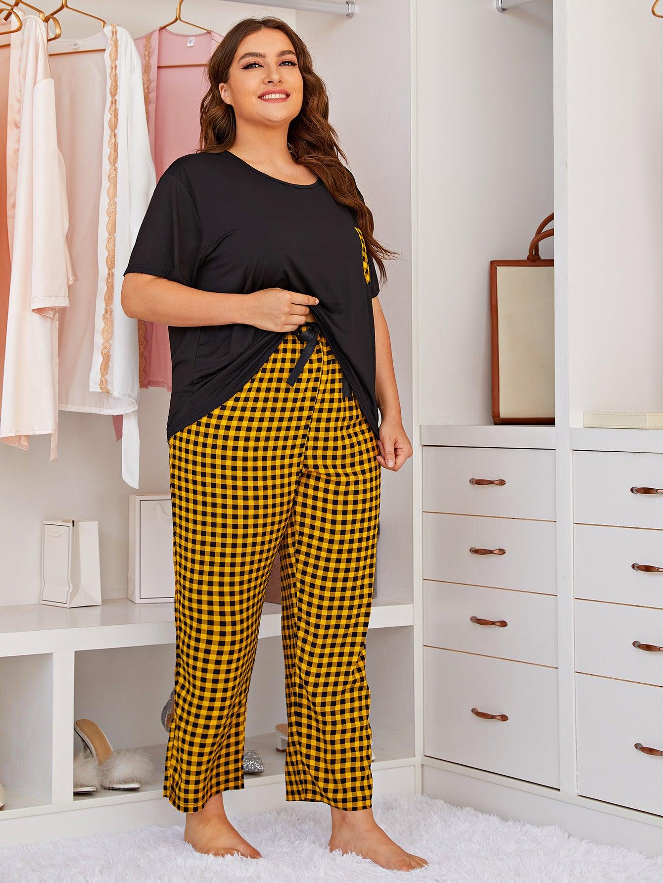 Chic Black and Yellow Plaid Short-Sleeved Pajama Set for Women - Vogue Aura