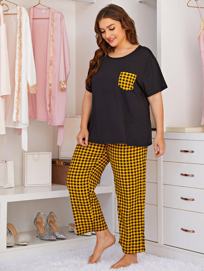 Chic Black and Yellow Plaid Short-Sleeved Pajama Set for Women - Vogue Aura