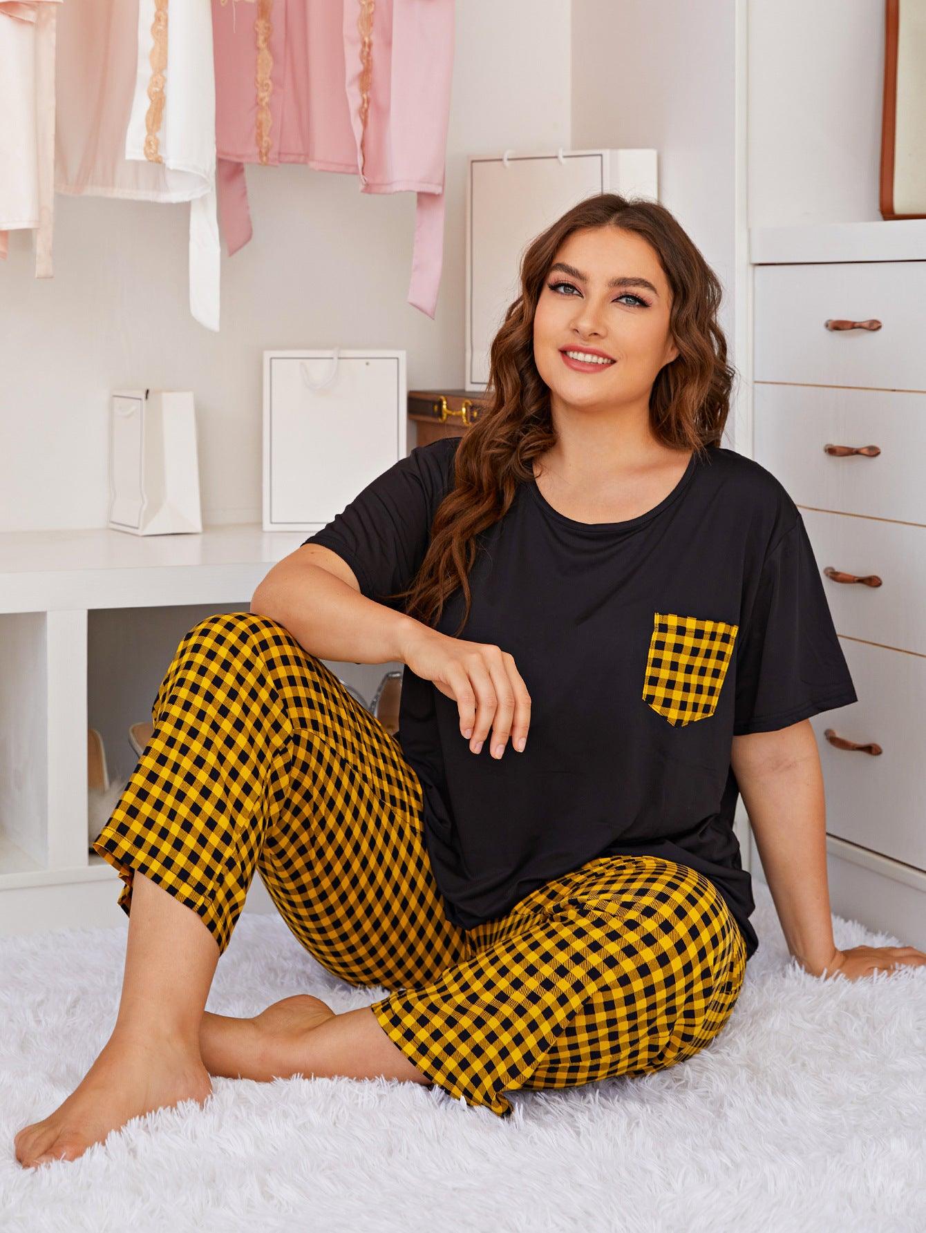 Chic Black and Yellow Plaid Short-Sleeved Pajama Set for Women - Vogue Aura