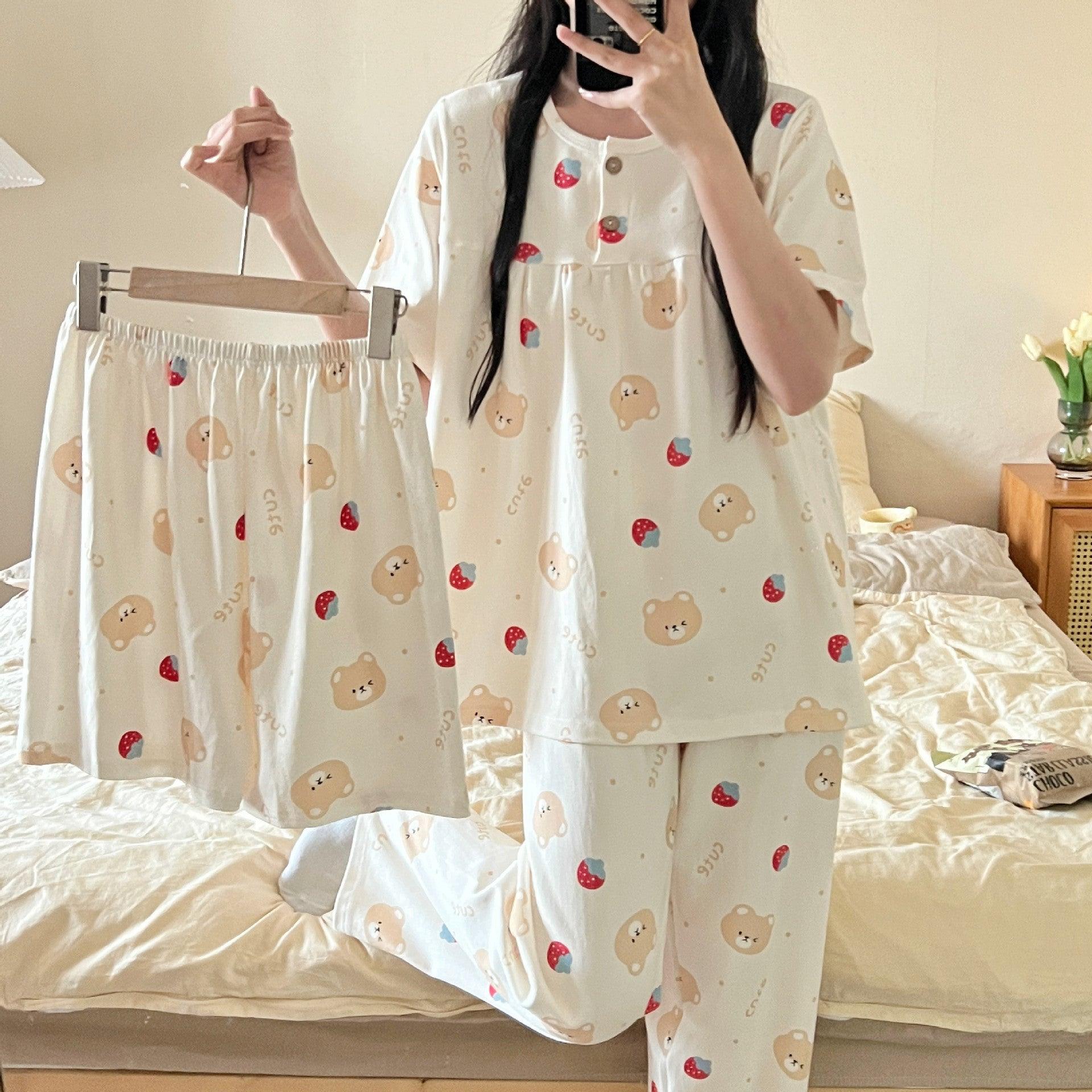 Chic Cotton Three-Piece Women's Pajama Set for Spring and Summer - Vogue Aura