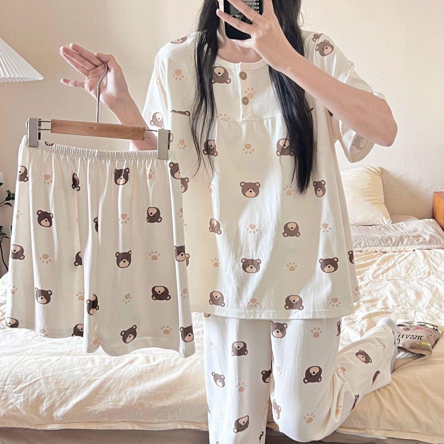 Chic Cotton Three-Piece Women's Pajama Set for Spring and Summer - Vogue Aura