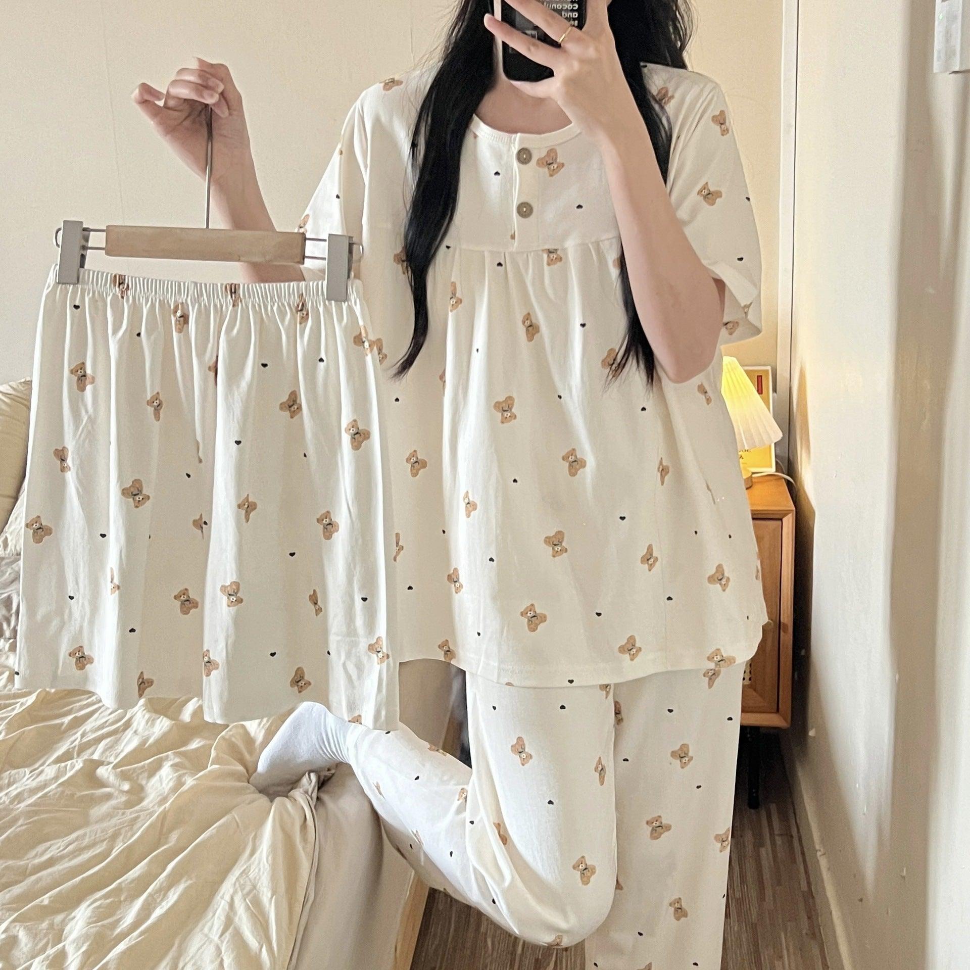 Chic Cotton Three-Piece Women's Pajama Set for Spring and Summer - Vogue Aura