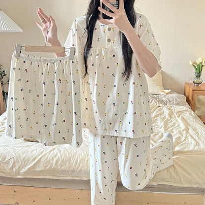 Chic Cotton Three-Piece Women's Pajama Set for Spring and Summer - Vogue Aura