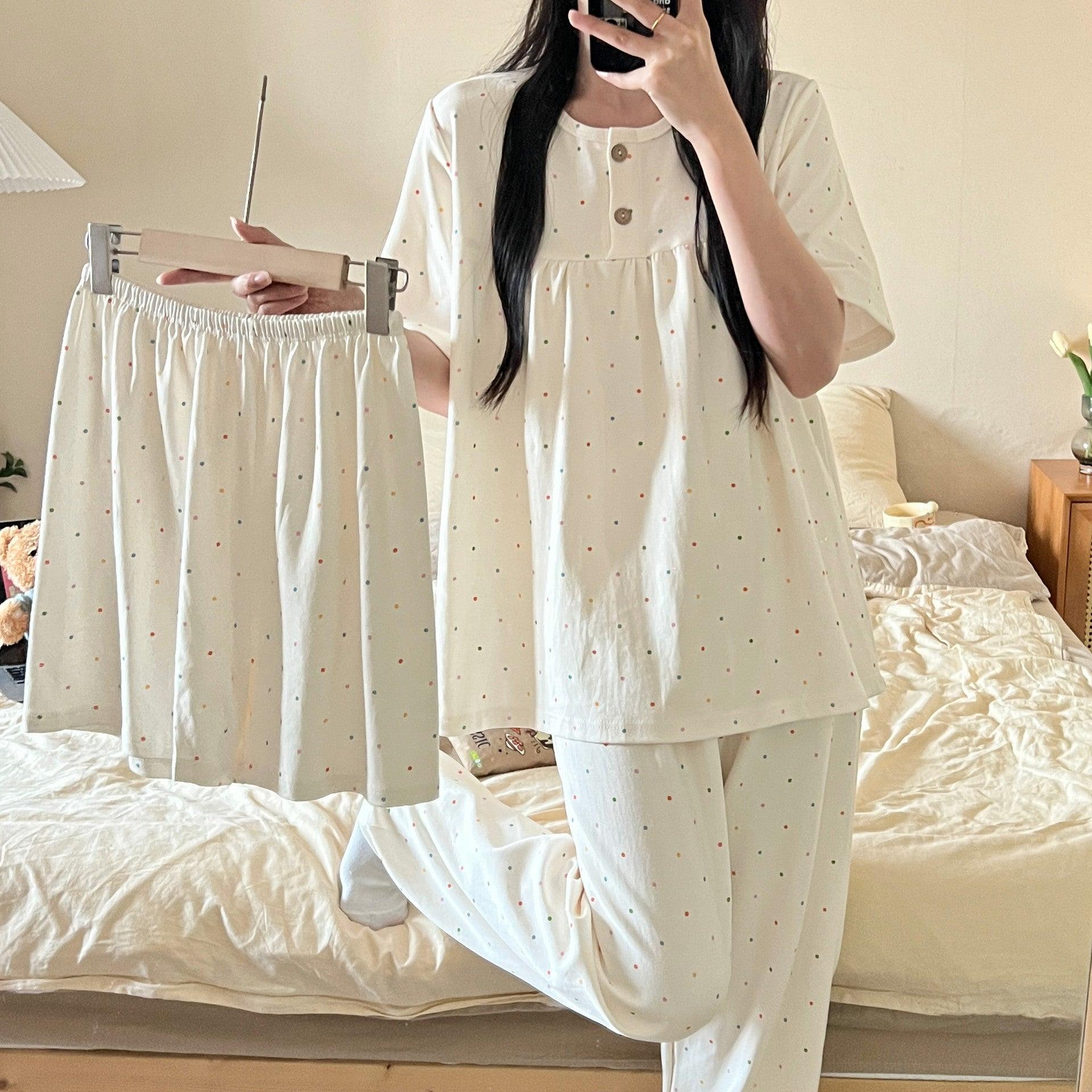 Chic Cotton Three-Piece Women's Pajama Set for Spring and Summer - Vogue Aura