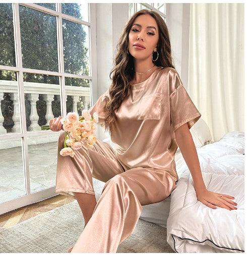 Chic Ice Silk Short Sleeve Summer Pajama Set for Women - Vogue Aura